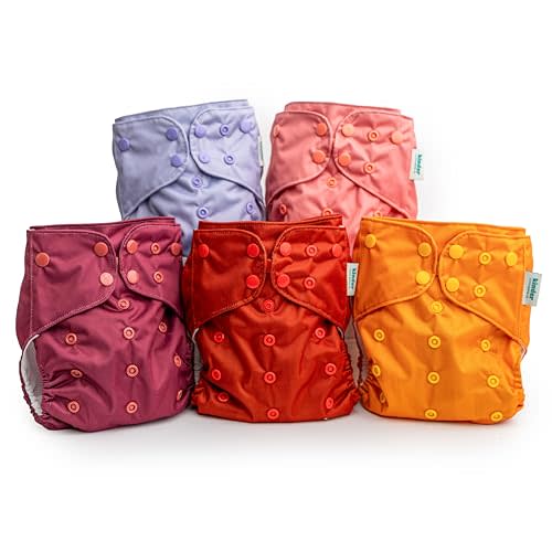 Kinder Cloth Diapers Set of 5 Reusable Baby Diapers Pocket Style Athletic Wicking Jersey, Newborn to Potty 7-60lbs, One Size, Inserts NOT Included (Serene Sunrise)