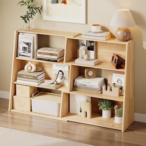 Expandable Solid Wood Bookshelf, 48.35" L x 11.73" D x 31.5" H Extendable Shelf Bookcase with Adjustable Design, Narrow Display Shelf for Bedroom, Living Room, Home Office, Natural Wood