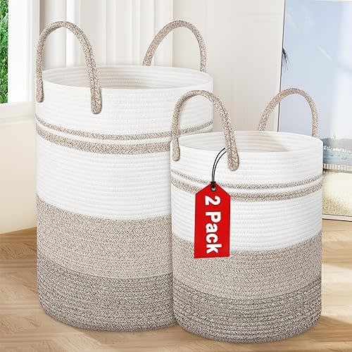 2 Pack Large Tall Rope Laundry Baskets, Cotton Laundry Hamper, Dirty Clothes Hampers Woven Basket, Blanket Basket Storage for Living Room, Dirty Clothes Baskets for Bedroom, Baby Room, 58L&28L Khaki