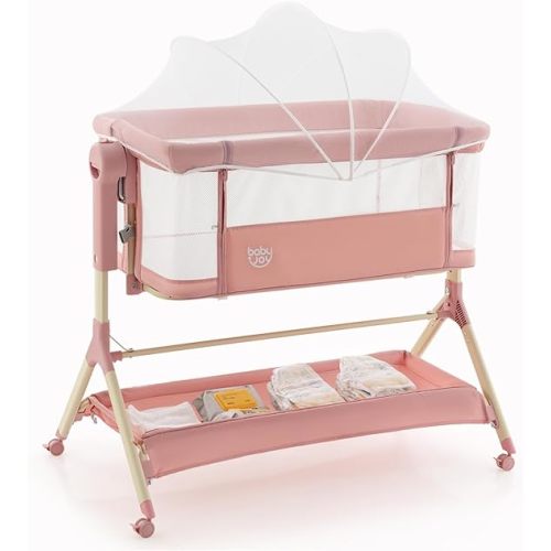 Bassinet, 3 in 1 Rocking Bedside Bassinet w/Storage Basket, Universal Wheels, Adjustable Height, Mattress, Net & Portable Bag, Carriable Crib Baby Bassinets Bedside Sleeper (Pink)