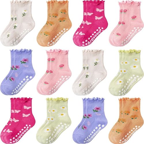 Baby Toddler Girls Socks Grip Ruffle Non Slip Girls Cotton 12 Pack Socks for Kids Cute Ankle 6M-7Years