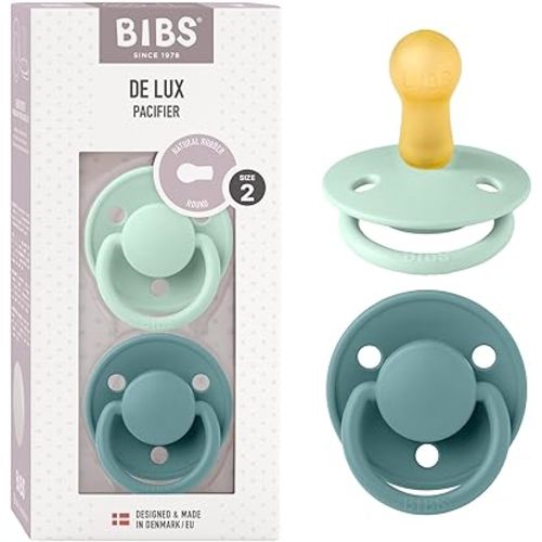 BIBS De Lux Baby Pacifier 2-Pack | Made in Denmark | BPA Free Dummy Soother, Round Nipple. Natural Rubber Latex, Size 2 (6-18 Months), Nordic Mint/Island Sea