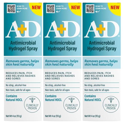 A+D Hydrogel Spray – With Hypochlorous Acid, Helps Heal Rashes & Irritations, Reduces itch & pain, Alcohol-Free, Non-Sting Formula, Safe for All Ages, 4oz 3 Pack