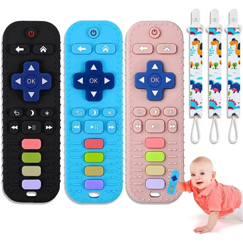 Jkevow 3 Pack Baby Teething Toys, Silicone Teethers Toys for Babies 0-24 Months, Remote Control Shape Baby Teethers Chew Toys, BPA Free Freezable Relief Molars Gums Pain (Black+Blue+Pink)