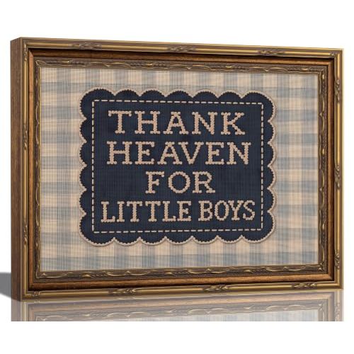 Vintage Gold Framed Thank Heaven for Little Boys Canvs Wall Art 9x11in | Baby Boy Nursery Wall Decor Picture Vintage Blue Gingham Inspirational Quote Poster Print for Nursery Kids room Decoration
