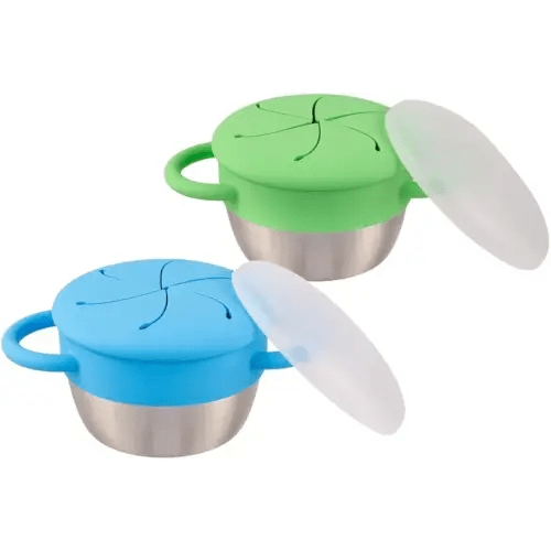 Elk and Friends Stainless Steel Snack Cups | Removable Silicone Food Catcher and Travel Lid | Spill-Proof Snack Containers for Baby, Toddler, Kids | Dishwasher Safe | 2 Pack