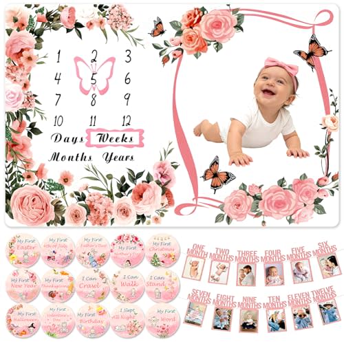 Baby Girl Monthly Milestone Blanket Set 60"x40" Photo Backdrop | Complete Photo Props With Monthly Banners & Milestone Cards, Baby Keepsake Newborn Gift, Soft Thick Flannel Growth Blanket
