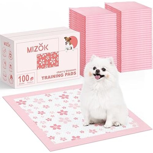 MIZOK Puppy Pads 22"x 22" with Leak-Proof Quick-Dry Design Pee Pads for Dogs Potty Training, 6-Layer Standard Absorbency Dog Pee Pads Regular Size, Pink Cherry Blossom Pattern (100 Counts)
