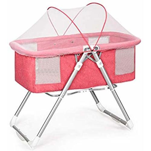 INFANS 2 in 1 Rocking Bassinet for Newborn Baby, One-Second Fold Travel Crib with Detachable & Thicken Mattress, Height Adjustable Legs, Mosquito Net, Cradle with Rock Mode & Stationary (Pink)