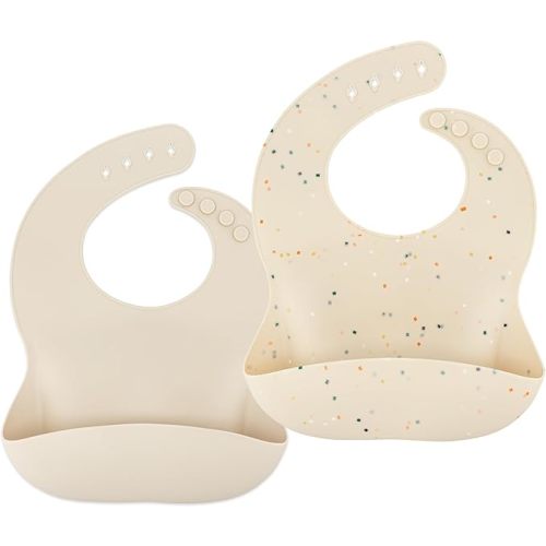 AVA + OLIVER Waterproof Silicone Bib Set with Adjustable Neck Closure - Durable Silicone Bibs for Babies - Set of 2
