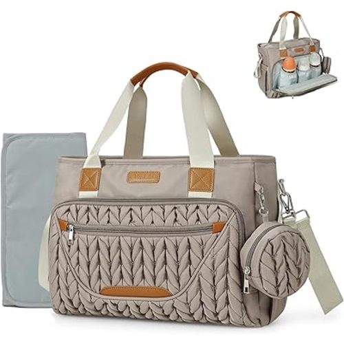 FHELAD Diaper Bag Tote, Crossbody Diaper Bag for Labor & Delivery, 16 Pockets 5 Insulated, Waterproof Lightweight Baby Bag with Changing Pad & Pacifier Case, Travel Mom Tote (Brown Taupe)