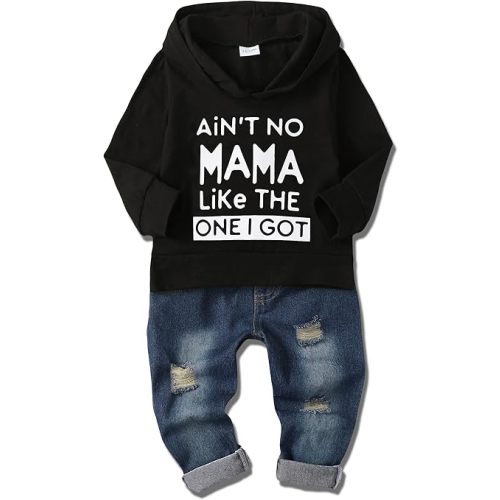 YALLET Toddler Baby Boy Clothes, Long Sleeve Letter Hoodies Top+Ripped Denim Pants 2pcs Fall Winter Outfit Sets