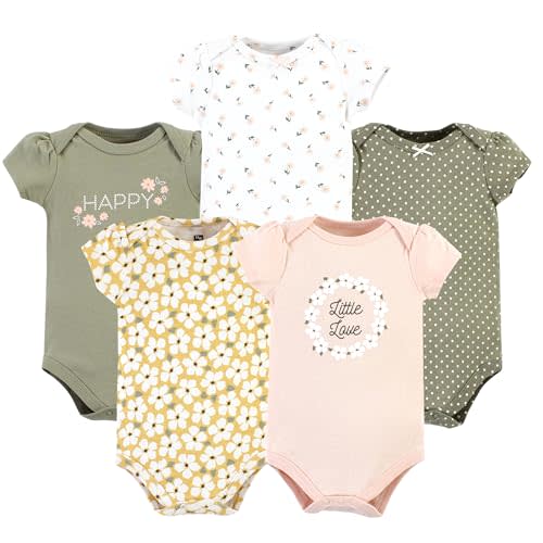 Hudson Baby Unisex Baby Cotton Bodysuits, Sage Floral Wreath 5 Pack, Preemie