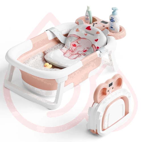Aprpink Foldable Baby ‎Bathtub Elephant PP+TPE with Soft Cushion&Thermometer for 0-36 Months Toddler Pink