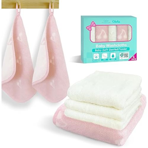 VOOVA & MOVAS Cherry & Ivory Baby Washcloths | 12x12 Inches | Highly Absorbent | 6 Pack 100% Cotton | Ultra-Soft Newborn Towels | Perfect Set,Baby Essentials | Jacquard Cherry & Ivory Colors