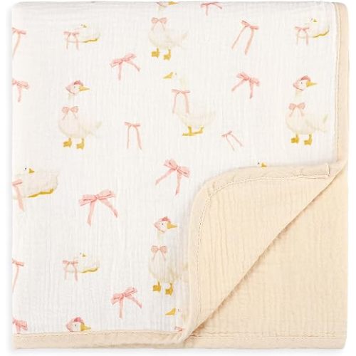 CARUILI Muslin Baby Blanket for Girls Boys, Soft Breathable Crib Swaddle Blankets, Reversible Newborn Blanket 38 X 40 Inches（Goose）