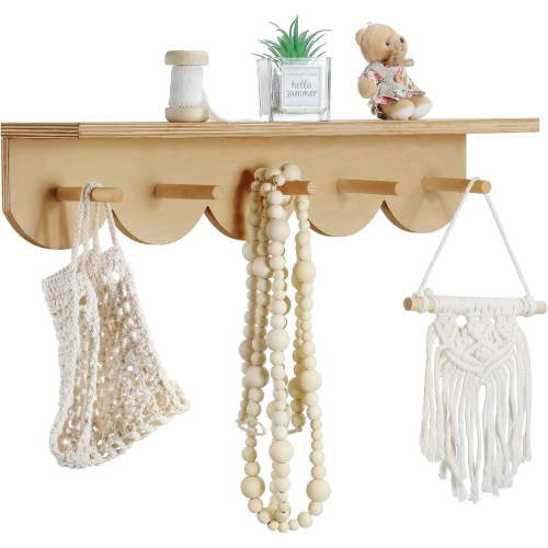 Nursery Floating Shelves with Hooks for Wall Bookshelves Wood Wall Mounted Organizer Hanging Scalloped Bookshelves Nursery Decor for Kids Room, Bedroom and Kitchen