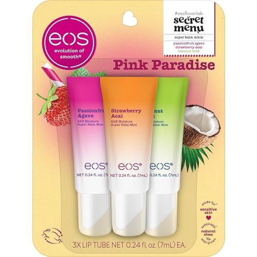 eos 24H Moisture Super Balms Minis- Pink Paradise, Limited-Edition, Nourishing, Dry Lips, Variety Pack Mini, Lip Balms, 0.169 fl oz, 3-Pack