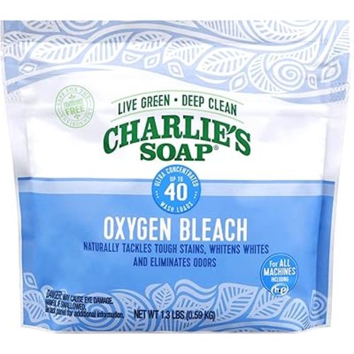 Charlie's Soap Oxygen Powered Bleach Powder, Color Bleach For Clothes, Safe Bleach for White Clothes, An Unscented Fragrance Free Non Chlorine Bleach 1.3 lbs (0.59 kg)