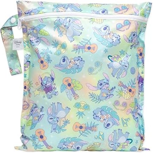 Bumkins Disney Waterproof Wet Bag for Baby, Travel, Swim Suit, Cloth Diapers, Pump Parts, Pool, Beach, Gym Clothes, Toiletry, Hook to Stroller, Daycare, Zipper Reusable Wetdry Packing Pouch, Stitch