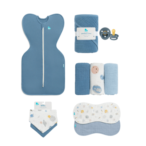 Newborn Essentials Bundle | Swaddle Up 1.0 TOG | Bib | Wash Cloth | Burp Cloth | Hooded Towel | Dummies | Blue