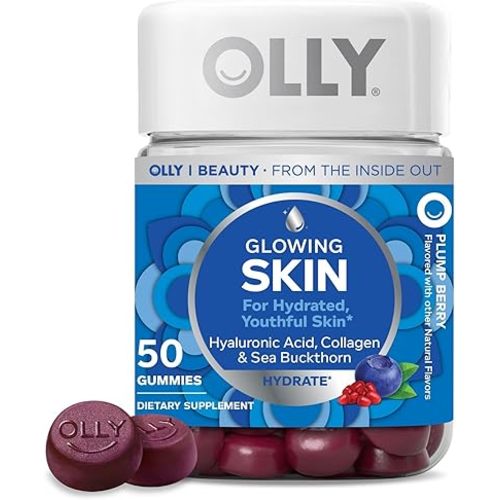 OLLY Glowing Skin Gummy, Hydrated & Youthful Skin,* Hyaluronic Acid, Collagen Peptides, Sea Buckthorn, Plump Berry Flavor, 25 Day Supply - 50 Count