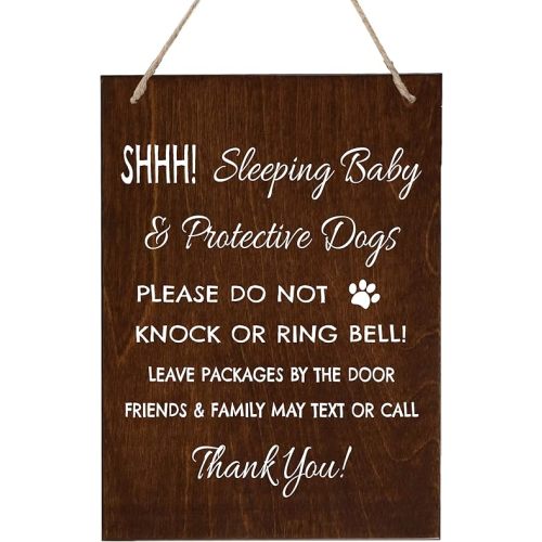 LifeSong Milestones Sleeping Baby Protective Puppies Baltic Birch Rope Hanging Sign for Front Door - Do Not Knock or Ring Doorbell - Quiet Entry for House New Home Decor - 8x10 (Walnut)