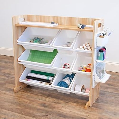 Humble Crew Crafts and Toy Storage Organizer with Top Shelf and 9 Removable Bins, Natural/White Toddler Bookshelf with Organizer - Modern Rack Ideal for Kids' Rooms, Playrooms, and Nurseries