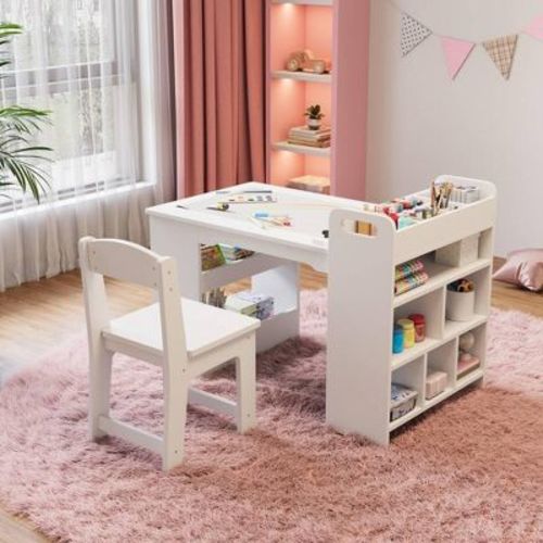 Kids Art Table,Large Kids Craft Table with 2 Chairs,Multi-Functional Art Desk with Storage Shelves,White