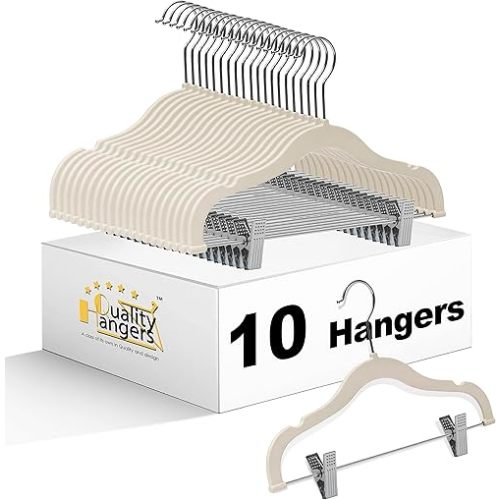 Quality Kids Children's Plastic Non Velvet Non-Flocked Thin Compact Skirt Pant Coat Hangers with Metal Clips for Skirts Pants Blouses 360° Swivel Hook, Jacket, Shirt, Leggings, Suit Hangers(Ivory, 10)