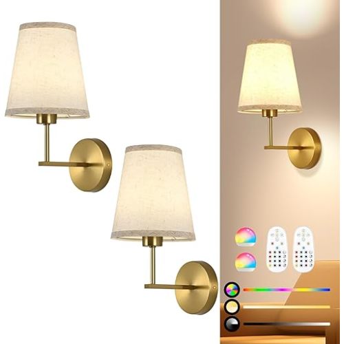 Battery Operated Wall Sconces Set Of Two, Dimmable Wireless Battery Wall Light With RGB Bulb, Rechargeable Wall Mounted Sconce Lamp With Remote Control For Bedroom, Living Room, Entryway, Gold