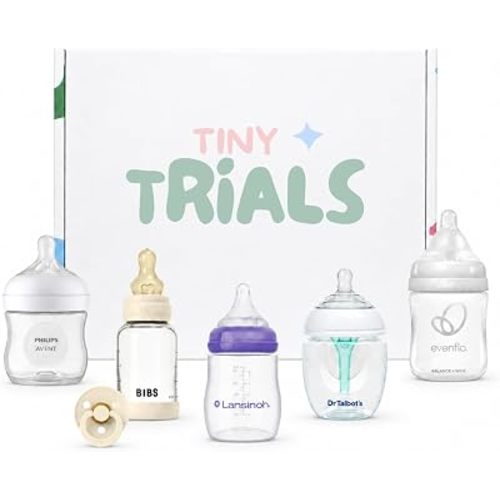 Baby Bottle Trial Pack Variety Box for Newborns – 5 Bottles & 1 Pacifier Featuring BIBS, Lansinoh, Philips Avent, Dr. Talbot's & Evenflo – Anti-Colic, Breastfeeding-Friendly Registry Gift, Tiny Trials
