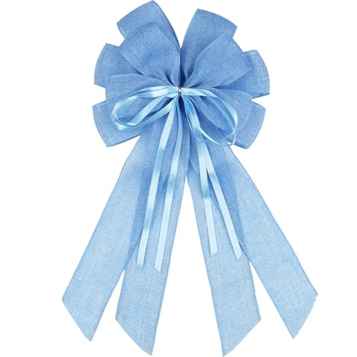 YKW Large Baby Blue Burlap Bow for Wreath 20x11 Inch - Farmhouse Front Door Decor Tree Topper Winter Holiday Baby Shower Decorations Indoor Outdoor Ornaments
