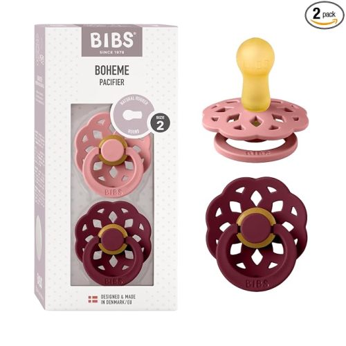 BIBS Pacifiers 6-18 Months | Boheme Collection 2-Pack | BPA-Free Round Nipple | Made in Denmark | Dusty Pink/Elderberry Color Pacifier