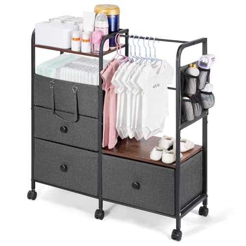 Orzbow 4 Tier Baby Rolling Storage Cart with Drawers, Detachable Baby Diaper Caddy Organizer and Storage, Metal Rolling Utility Cart for Nursery, Bedroom, Changing Table & Crib, Easy to Assemble, Gray