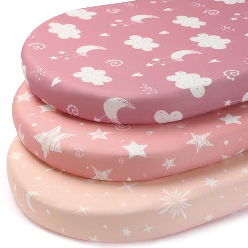Baby Bassinet Sheets, 3 Pack Fitted Bassinet Mattress Sheets, Compatible with Halo Bassinest Swivel Sleeper & Oval Hourglass Rectangle Mattress, Ultra Soft Pink Stars