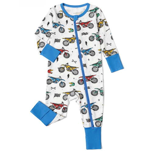 QEFJNO Bamboo Viscose Baby Boys One-Piece Footies Pajamas, Zipper Romper with Mitten, Footless Sleepers - Motorcycle