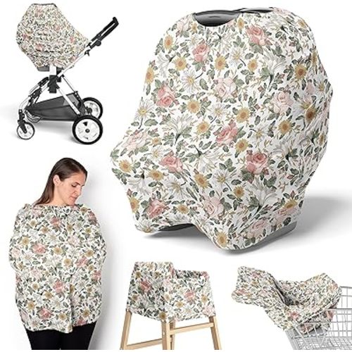 Sweet Jojo Designs Vintage Floral Boho Girl Infant Baby Car Seat Cover Nursing Breastfeeding Shopping Cart Stroller Canopy Blush Pink Yellow and Green Bohemian Shabby Chic Rose Flower Farmhouse White