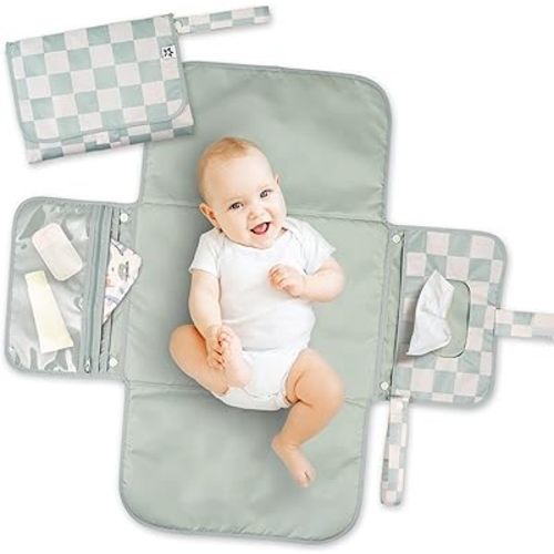 Tiny Twinkle Portable Diaper Changing Pad | Waterproof, Wipeable & Compact Baby Changing Pad for Travel | Smart Wipes Pocket & Organized Storage| Newborn Shower Gift (Sage Checkers)