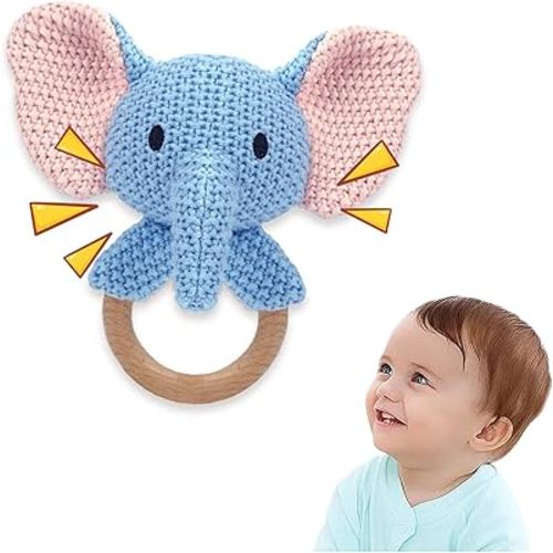 Elephant Baby Rattle Teething Ring Cute Jungle Animal Sensory Toy for Baby Boys Girls 0-3 Months Knitted Crochet Plush Stuffed Texture Montessori Grasping Shaker Stroller Travel Gift