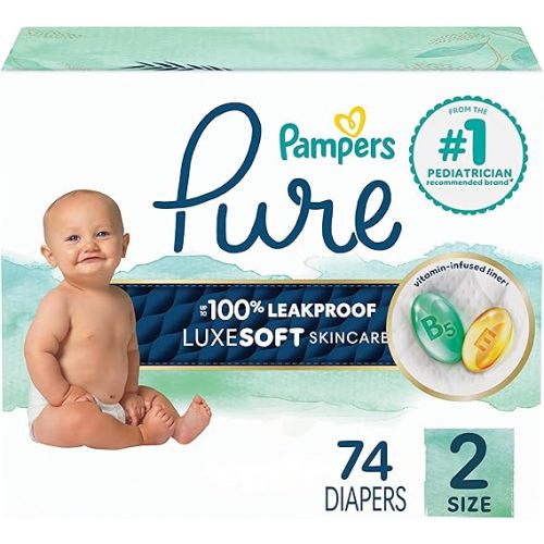 Pampers Pure Baby Diapers, Size 2 (12-18 lbs), 74, Up to 100% Leakproof, Premium Hypoallergenic Soft Diapers