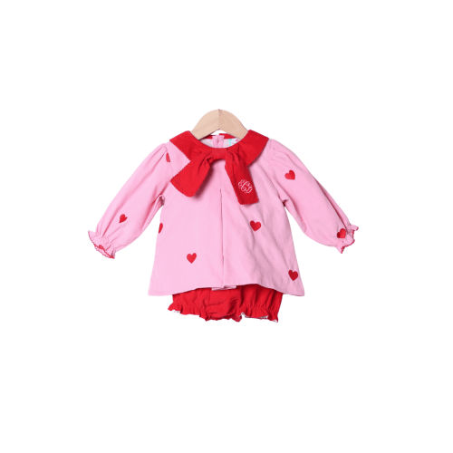 Embroidered Hearts Pink and Red Corduroy Skirted Bubble