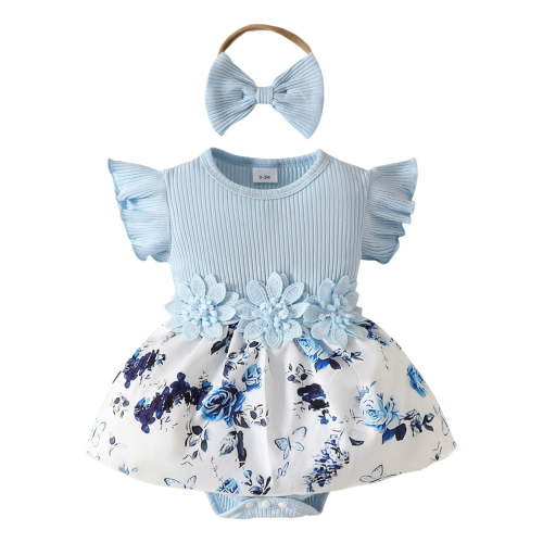 Yammkia Baby Girls Clothes Bodysuit Ruffle Sleeve Outfit Romper with Headband 0 3 6 9 12 18 Months(Blue,0-3 Months)
