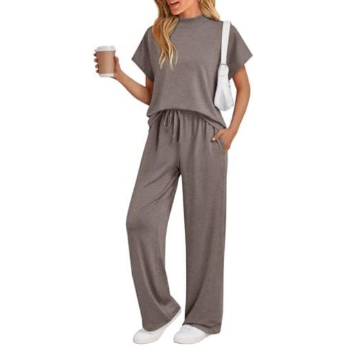 AUTOMET Women's 2 Piece Matching Lounge Sets 2026 Summer Mock Neck Sweatsuits Short Sleeve Loungewear Travel Outfits