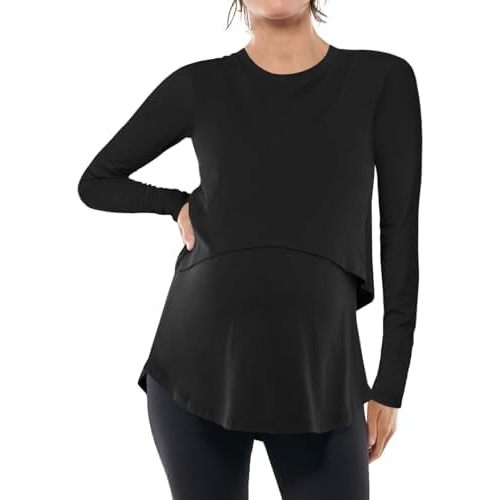 Tankaneo Womens Maternity Nursing Tops Long Sleeve Double Layer Breastfeeding Shirts Pregnancy Clothes