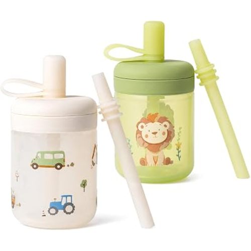 Moonkie Silicone Baby Straw Cup with Lid - Toddler Sippy Cup with Straw & Spill-Resistant Water Cup for Baby-Led Weaning - BPA-Free Dishwasher Safe Training Cup - 6 Months+, 5 oz, 2-Pack
