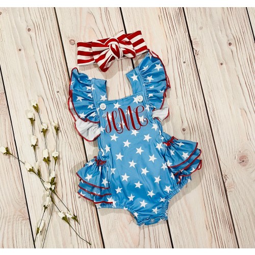 Baby girl star romper, 4th of July romper, patriotic romper, bubble romper, personalized 4th of July romper, summer romper, blue romper,