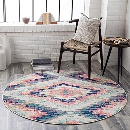 Livabliss Area Rugs - 8ft Round Tara Rustic Southwestern Pink Rug for Living Room Bedroom - Blue Beige Boho Geometric Zigzag Stain Resistant Carpet for Nursery, Kitchen, Office (7'10" Round)