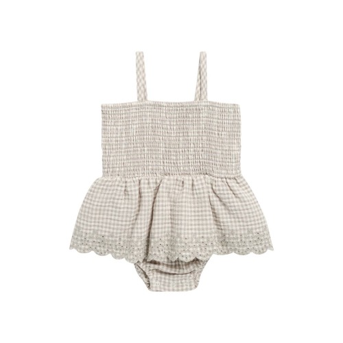Gingham Eyelet Smocked Bodice Skirted Organic Cotton Bodysuit, 0-3M