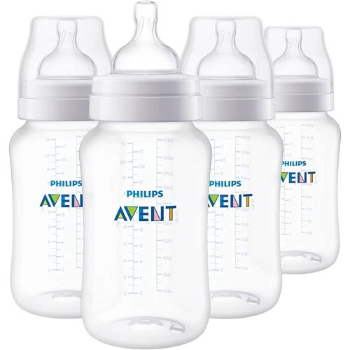 Philips Avent Anti-Colic Baby Bottles, 11oz, with Flow 3 Nipples, 3m+, 4pk, Clear, SCY106/04